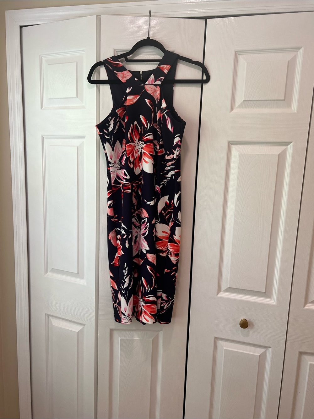 Vince Camuto Navy Midi Dress with Pink & Red Floral Cross-Strap
